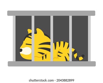 Illustration of a tiger character in a cage.