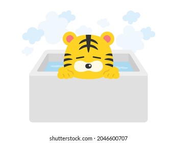 Illustration of a tiger character taking a bath.