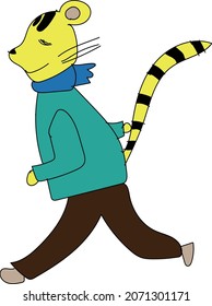 Illustration of a tiger character walking in winter clothes