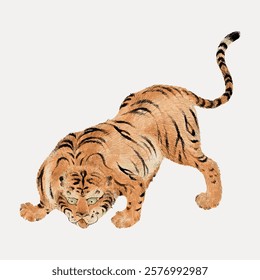 Illustration of a tiger crouching. The tiger has detailed stripes and a fierce expression. The tiger's posture is dynamic, showcasing its strength. Isolated vintage art illustration vector element.