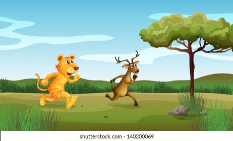 Illustration of a tiger and a deer running at the forest