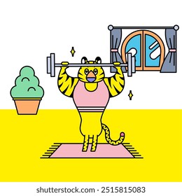 Illustration of a tiger doing muscle training to build up his body