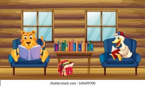 Illustration of a tiger and a duck reading inside the house