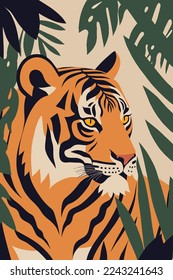 illustration of tiger in flat vector style for poster wall art decor boho background