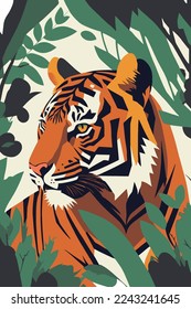 illustration of tiger in flat vector style for poster wall art decor boho background