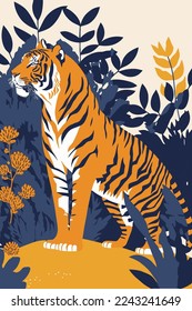 illustration of tiger in flat vector style for poster wall art decor boho background