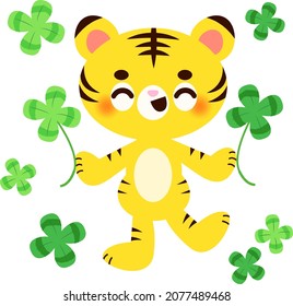 Illustration of tiger and four-leaf clover