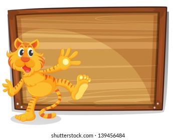 Illustration of a tiger in front of a blank board on a white background