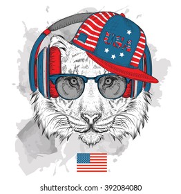 Illustration of tiger in the glasses, headphones and in hip-hop hat with print of USA. Vector illustration.