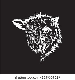 illustration of tiger and goat faces black background