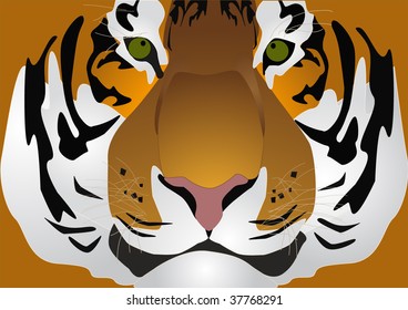 illustration, tiger with green eye and rose-colored nose