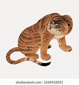 Illustration of a tiger with green eyes, showcasing its stripes. The tiger is sitting, highlighting its powerful build. Tiger art with detailed stripes. Isolated vintage vector element.