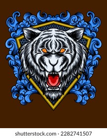 illustration of a tiger head backround design and ornaments around it