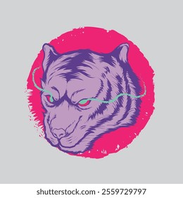 A Illustration of Tiger Head with Circle Grunge Background Concept Vector Design