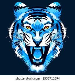 Illustration of tiger head, creative design, elegant, blue, dark background. - Vector.