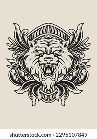 illustration tiger head with engraving ornament, suitable for tshirt design