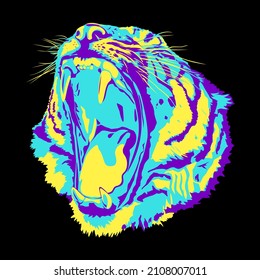 Ilustración de la cabeza de tigre aislada en el fondo negro. Colorido en colores abstractos y coloridos inusuales. Diseño moderno con el concepto creativo de depredador de gato grande. Imagen de logotipo o logotipo.
