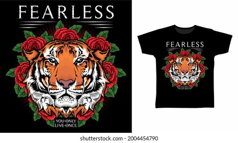 Illustration of Tiger Head and Roses vector t-shirt design concept.