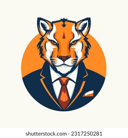 Illustration of a tiger head in a suit and tie viewed from front set inside circle on isolated background done in retro style.