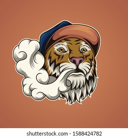 Illustration of tiger head vaping with rapper hat