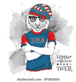 Illustration of tiger hipster dressed up in the glasses and in the t-shirt with print of USA flag. Vector illustration.