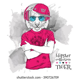 Illustration of tiger hipster dressed up in t-shirt, pants and  in the glasses and headphones. Vector illustration.