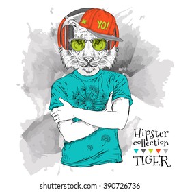 Illustration of tiger hipster dressed up in t-shirt, pants and  in the glasses and headphones. Vector illustration.