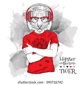 Illustration of tiger hipster dressed up in t-shirt, pants and  in the glasses and headphones. Vector illustration.