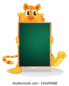 Illustration of a tiger holding an empty board on a white background 