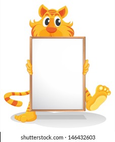 Ilustración de un tigre sosteniendo una pizarra vacía sobre un fondo blanco 