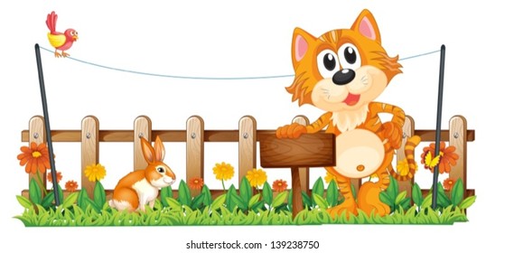 Illustration of a tiger holding an empty wooden signboard near the fence on a white background