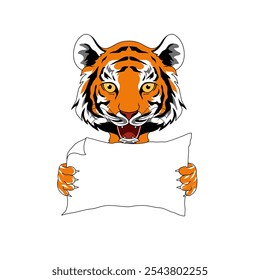 Illustration of a tiger holding a piece of paper. Suitable for posters or children's book covers