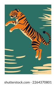  illustration of a tiger jumping on a background of the sky flat cartoon vector