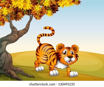 Illustration of a tiger in a jumping position near the big tree