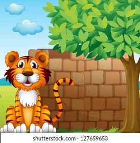 Illustration of a tiger at the left side of a brick wall
