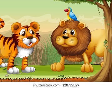 Illustration of a tiger, a lion and a parrot
