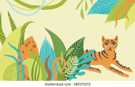 Illustration of tiger lying in the bushes