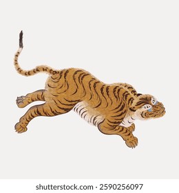 Illustration of a tiger in mid-leap. The tiger, with its bold stripes, appears dynamic and fierce. The tiger's powerful form is accentuated in this artwork. Vintage animal illustration vector.