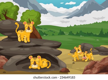 illustration of tiger on mountains landscape background vector