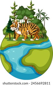 Illustration of a tiger on a small forested planet.
