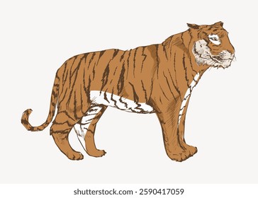 Illustration of a tiger with orange and black stripes. The tiger stands majestically, showcasing its powerful build. The tiger's stripes and stance are prominent. Vintage animal illustration vector.