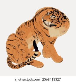 Illustration of a tiger with orange fur and black stripes. The tiger sits gracefully, showcasing its majestic and powerful presence. The tiger looks alert and attentive. Vintage art vector element.