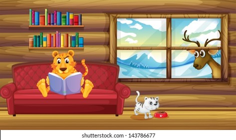 Illustration of a tiger reading a book inside the house