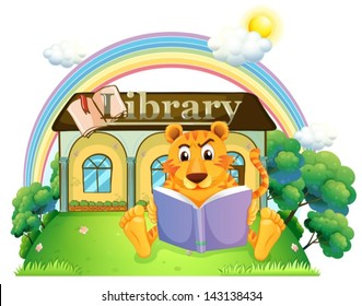 Illustration eines Tigers, der ein Buch außerhalb der Bibliothek auf weißem Hintergrund liest