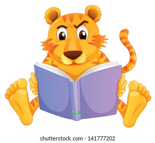 Illustration of a tiger reading on a white background
