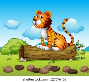 Illustration of a tiger relaxing above a trunk
