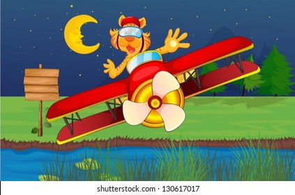 Illustration of a tiger riding in a red plane