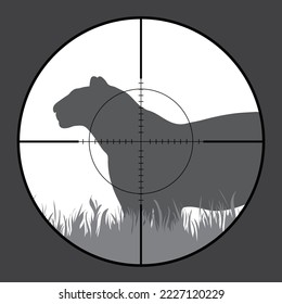 Illustration of tiger in rifle sight while hunting. The wild animal in focus of hunter. Process of hunting.