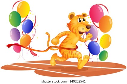 Illustration of a tiger running with colorful balloons on a white background