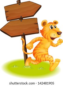 Illustration of a tiger running and the empty signboards on a white background